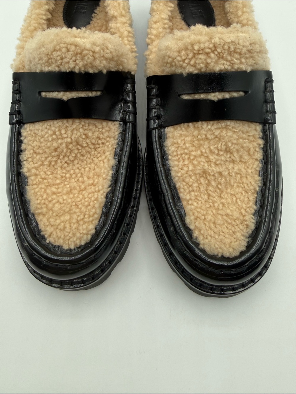 PAIGE Ellis Penny Loafers Black Leather Shearling Lined Lug Sole Slip-On Shoes - Picture 8 of 16